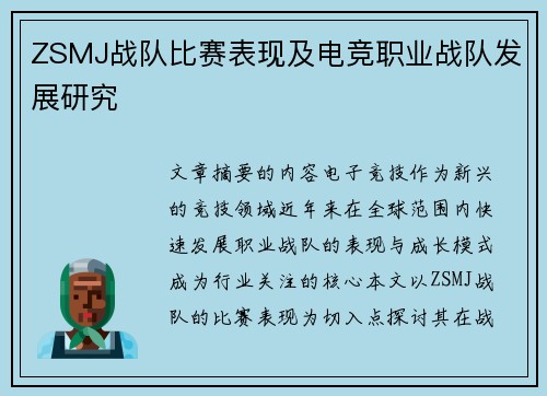ZSMJ战队比赛表现及电竞职业战队发展研究