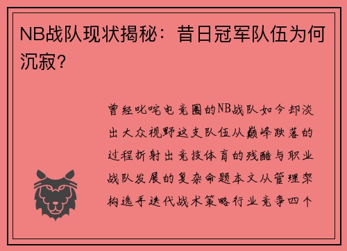 NB战队现状揭秘：昔日冠军队伍为何沉寂？