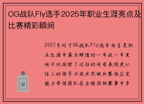 OG战队Fly选手2025年职业生涯亮点及比赛精彩瞬间