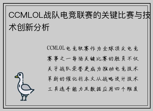 CCMLOL战队电竞联赛的关键比赛与技术创新分析